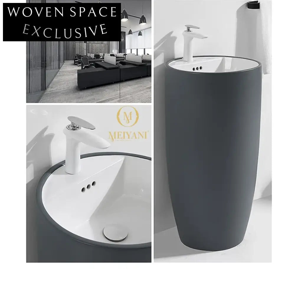 Modern Round Pedestal Bathroom Sink - Free Standing Ceramic Wash Basin