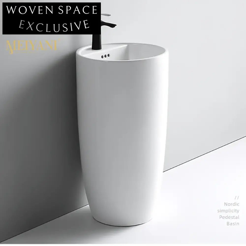 Modern Round Pedestal Bathroom Sink - Free Standing Ceramic Wash Basin