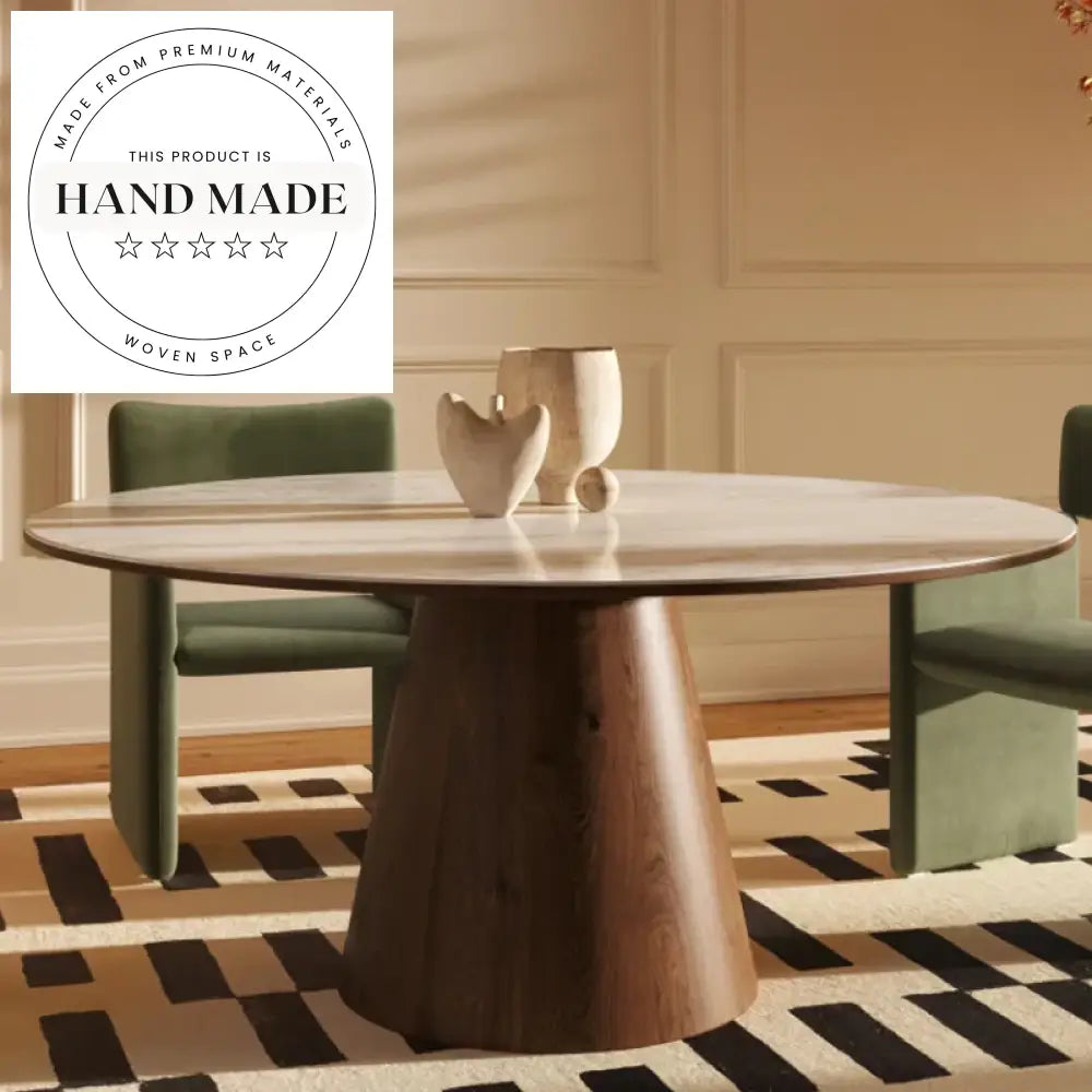Modern Round Rock Plate Marble and Walnut Wood Dining Table