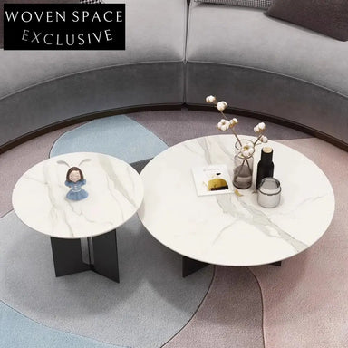 Modern Round Sintered Stone Coffee Table with Carbon Steel Base