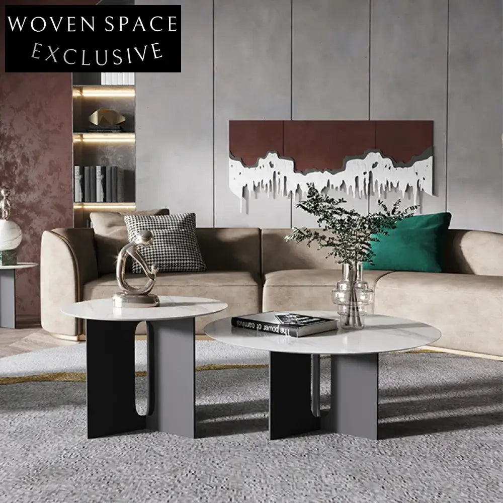 Modern Round Sintered Stone Coffee Table with Carbon Steel Base