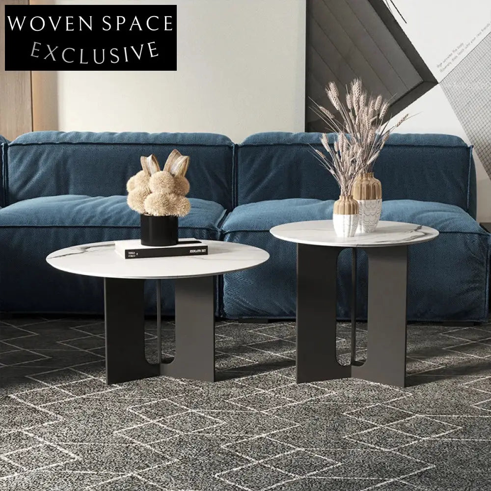 Modern Round Sintered Stone Coffee Table with Carbon Steel Base