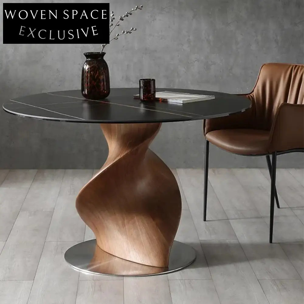 Modern Round Sintered Stone Dining Table with Helical Walnut Wood Base