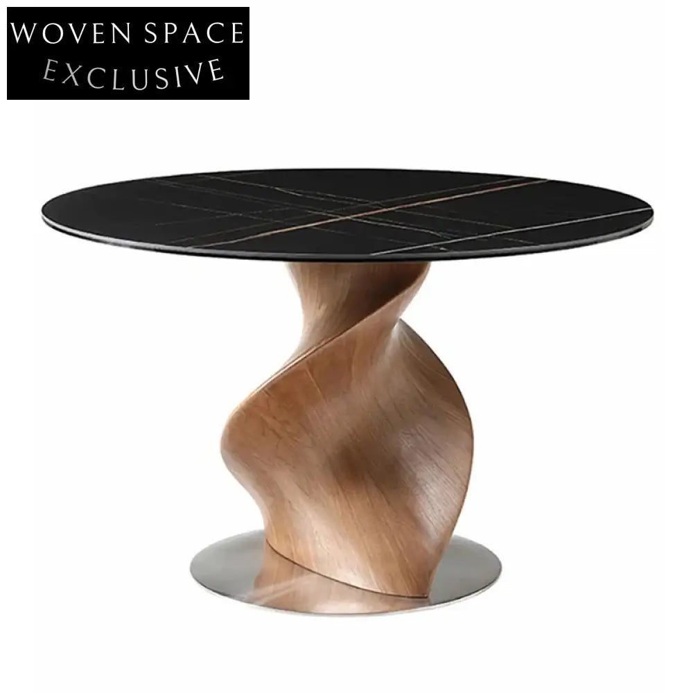 Modern Round Sintered Stone Dining Table with Helical Walnut Wood Base
