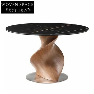 Modern Round Sintered Stone Dining Table with Helical Walnut Wood Base