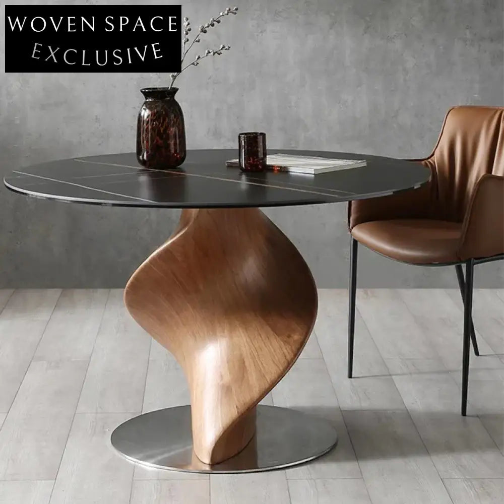 Modern Round Sintered Stone Dining Table with Helical Walnut Wood Base