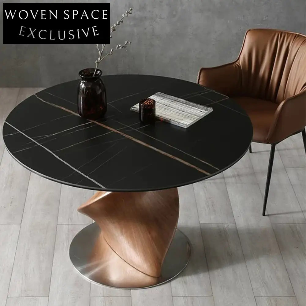 Modern Round Sintered Stone Dining Table with Helical Walnut Wood Base