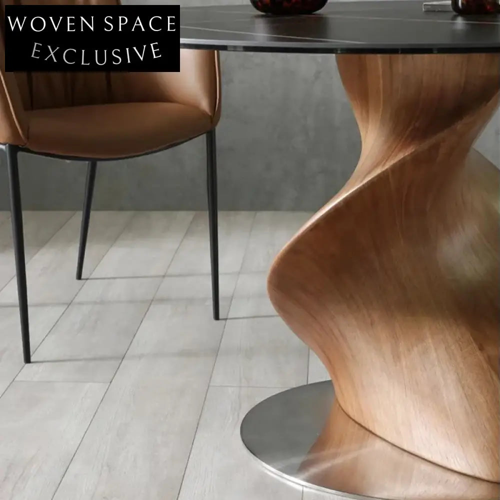 Modern Round Sintered Stone Dining Table with Helical Walnut Wood Base