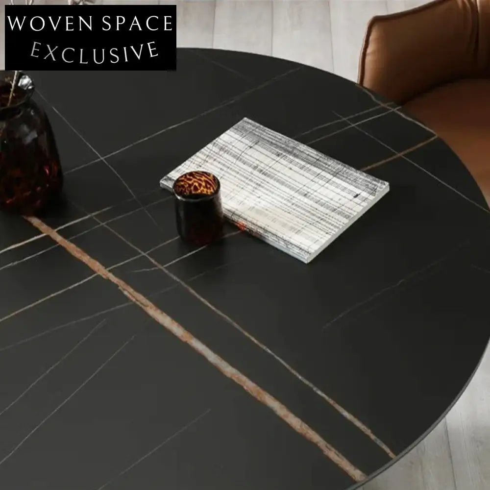 Modern Round Sintered Stone Dining Table with Helical Walnut Wood Base
