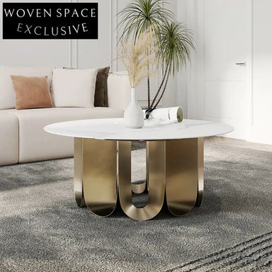 Modern Round Slate Top Coffee Table with Stainless Steel Base for Apartments
