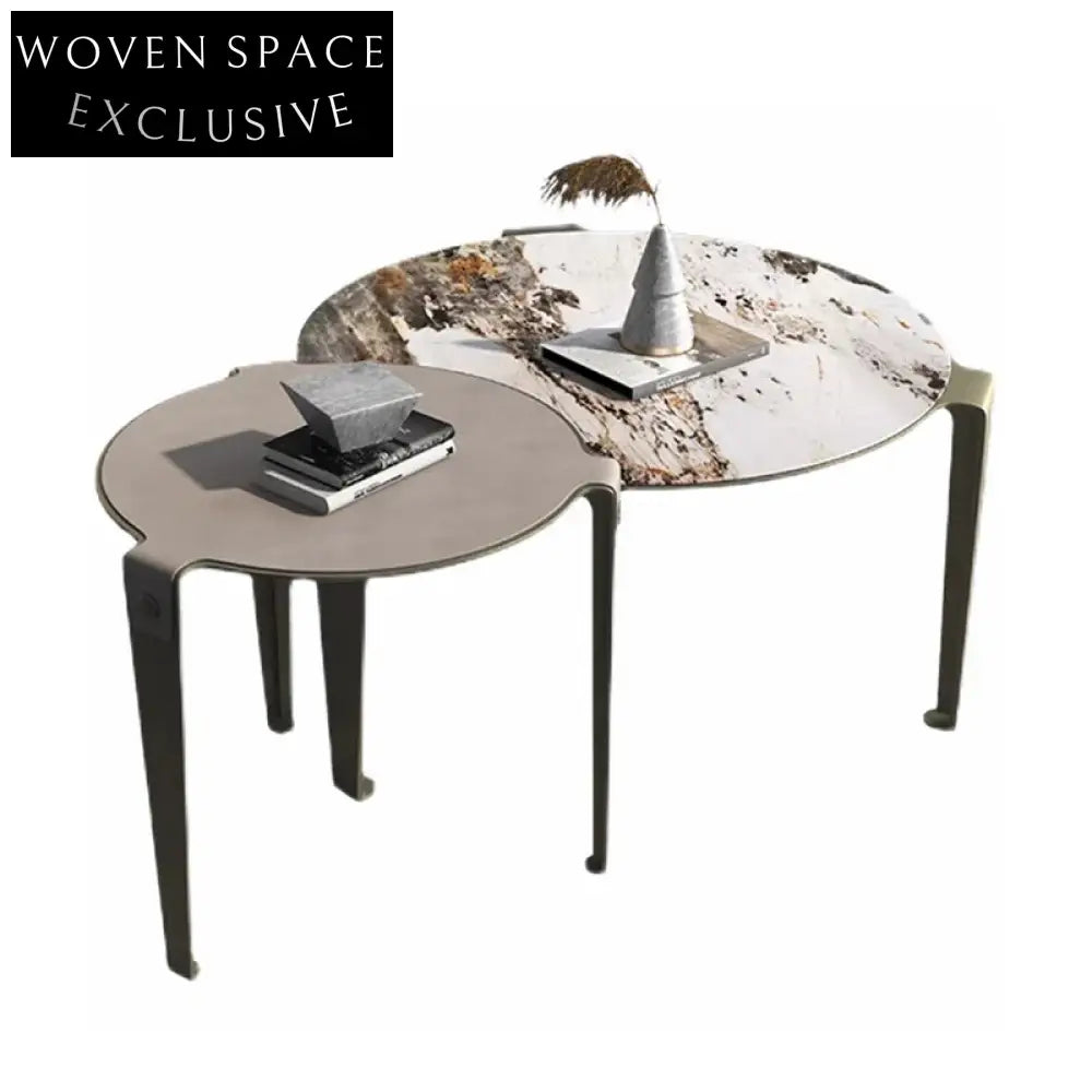 Modern Round Slate Top Metal Base Nesting Coffee Table Set
