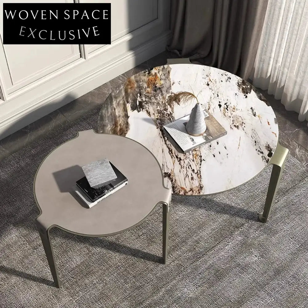 Modern Round Slate Top Metal Base Nesting Coffee Table Set