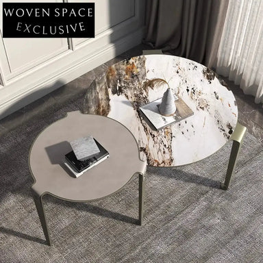 Modern Round Slate Top Metal Base Nesting Coffee Table Set