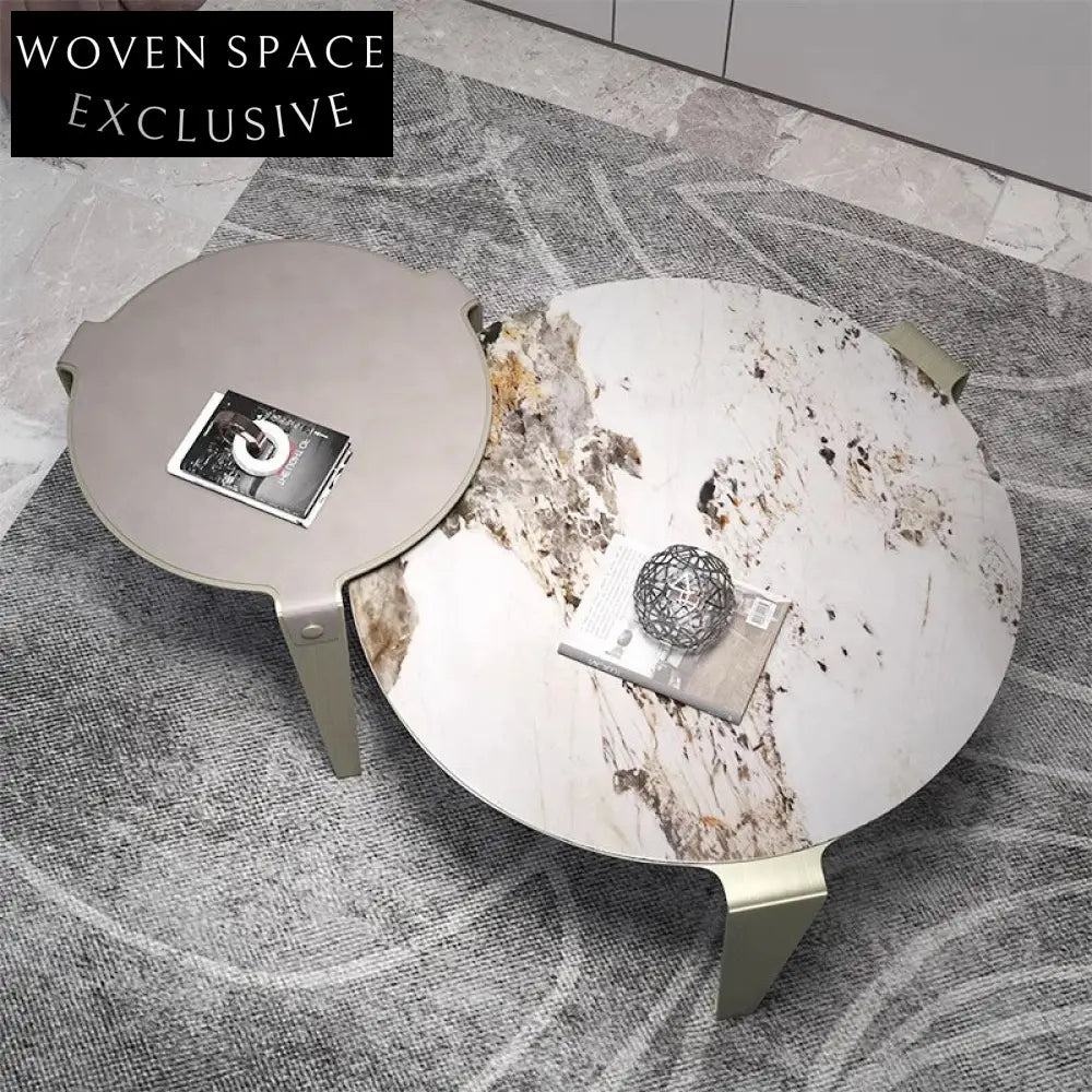 Modern Round Slate Top Metal Base Nesting Coffee Table Set