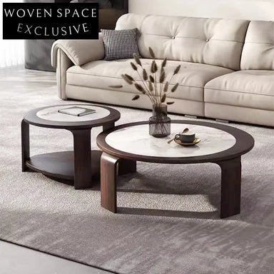 Modern Round Slate Top Wood Base Nesting Living Room Coffee Table Set