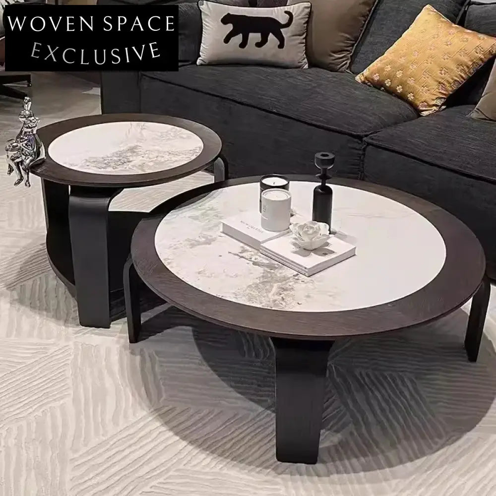 Modern Round Slate Top Wood Base Nesting Living Room Coffee Table Set