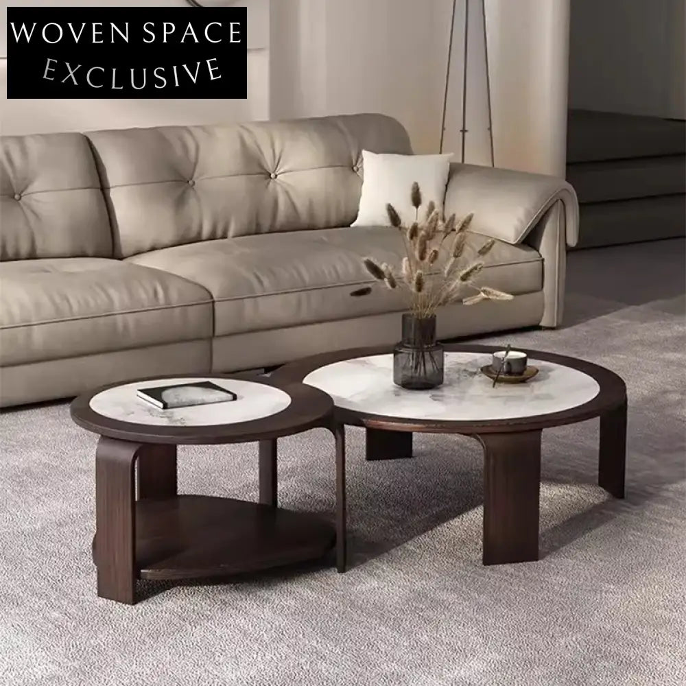 Modern Round Slate Top Wood Base Nesting Living Room Coffee Table Set