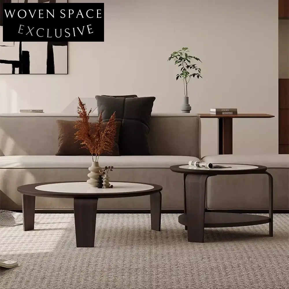 Modern Round Slate Top Wood Base Nesting Living Room Coffee Table Set