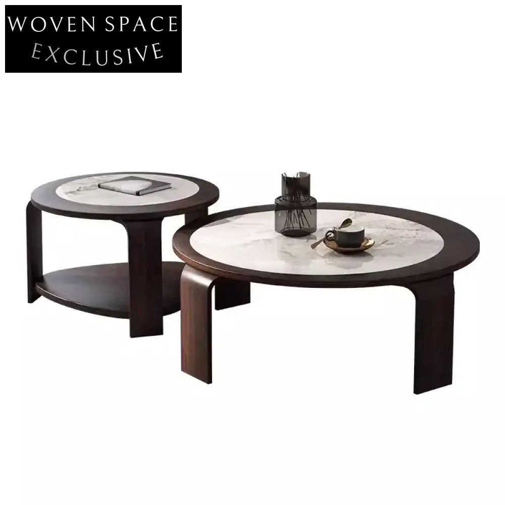 Modern Round Slate Top Wood Base Nesting Living Room Coffee Table Set