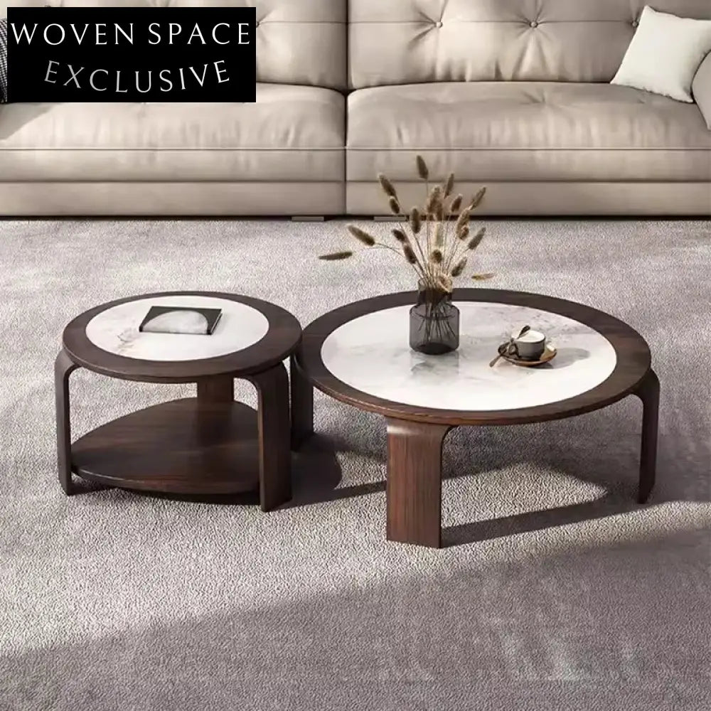 Modern Round Slate Top Wood Base Nesting Living Room Coffee Table Set