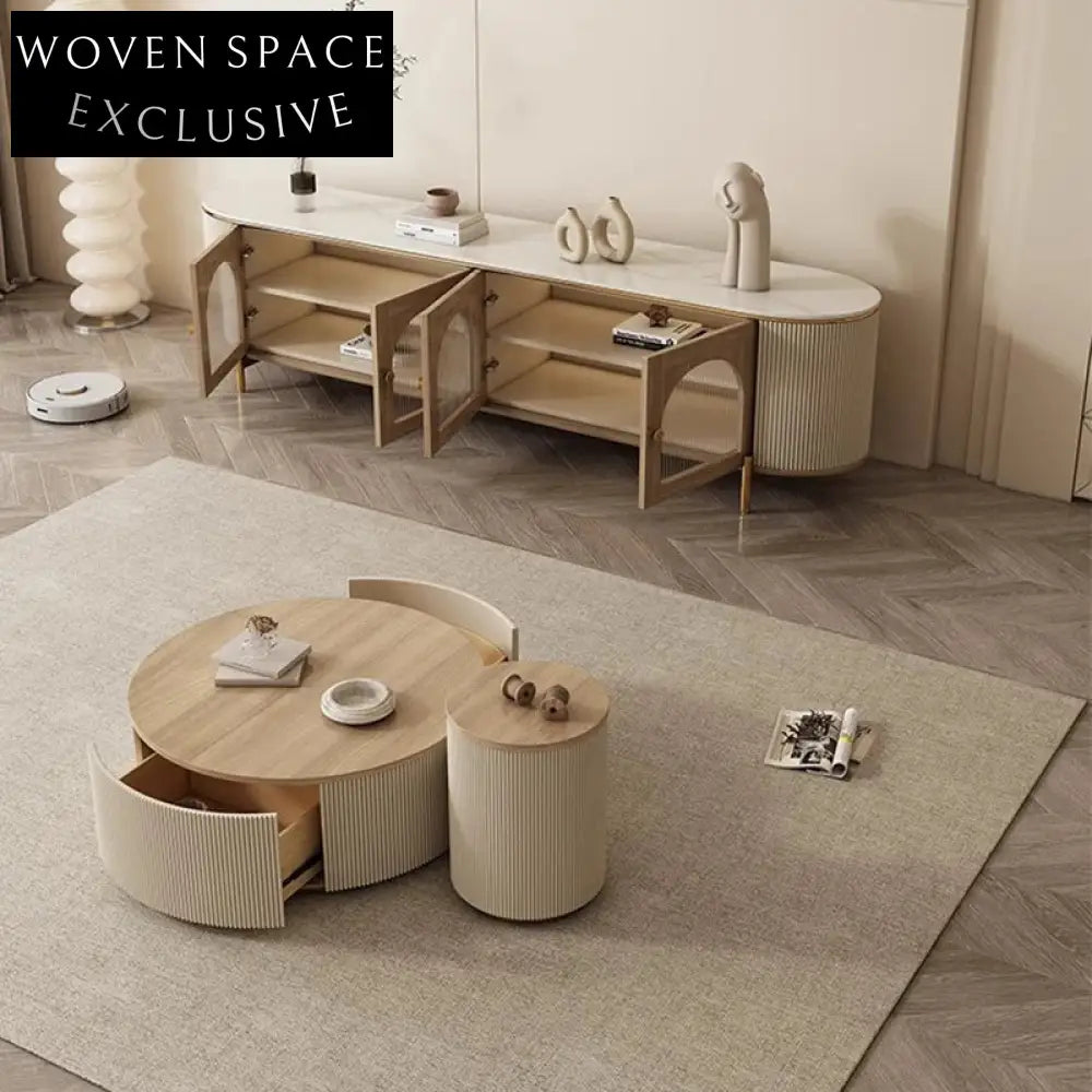 Modern Round Solid Wood Coffee Table with Drawer Storage for Living Room