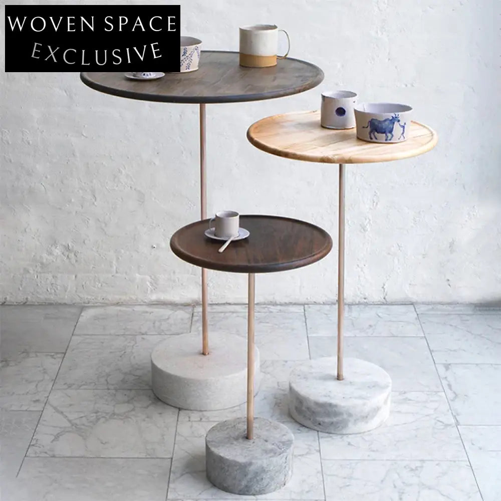 Modern Round Solid Wood Coffee Table with Stone Base, Walnut Finish