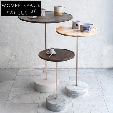 Modern Round Solid Wood Coffee Table with Stone Base, Walnut Finish