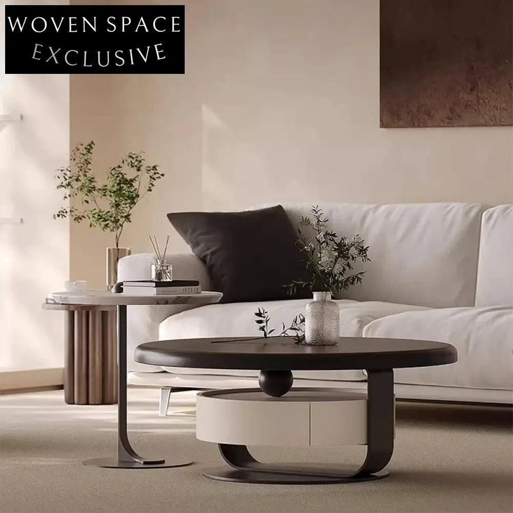 Modern Round Solid Wood Rock Panel Coffee Table with Storage Drawer