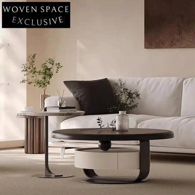 Modern Round Solid Wood Rock Panel Coffee Table with Storage Drawer