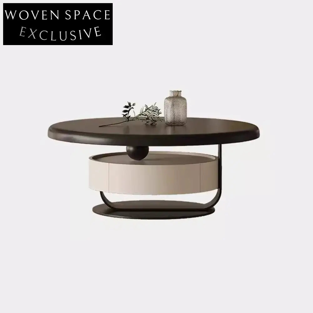 Modern Round Solid Wood Rock Panel Coffee Table with Storage Drawer