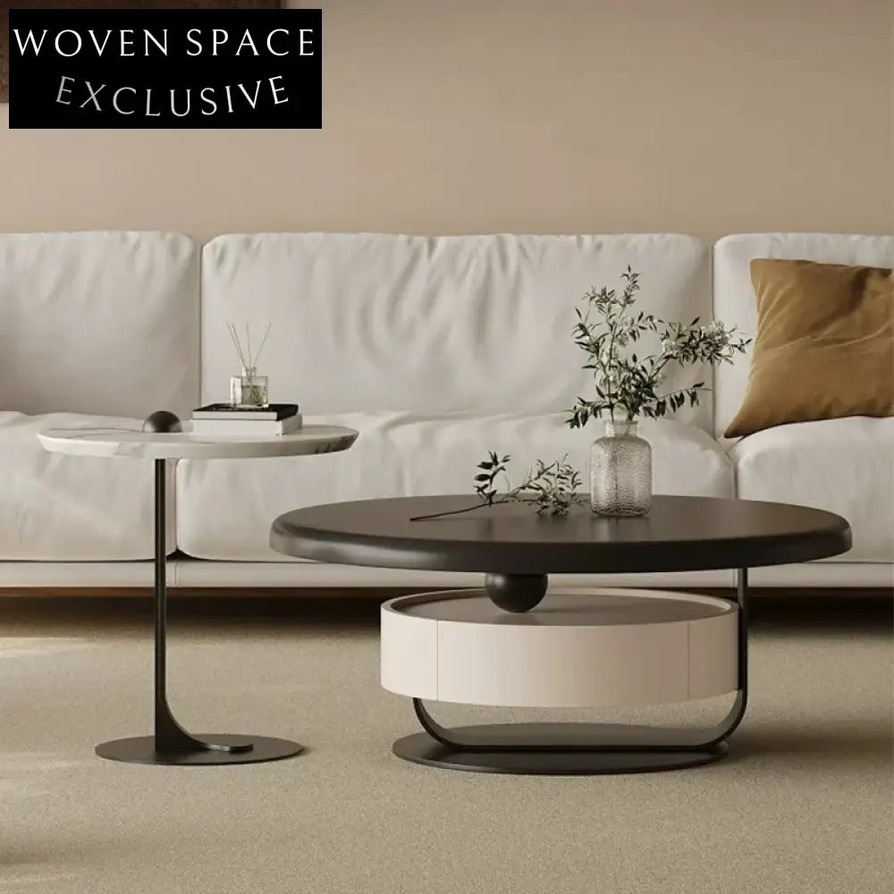 Modern Round Solid Wood Rock Panel Coffee Table with Storage Drawer