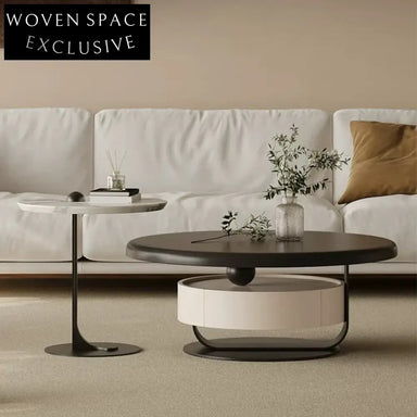 Modern Round Solid Wood Rock Panel Coffee Table with Storage Drawer