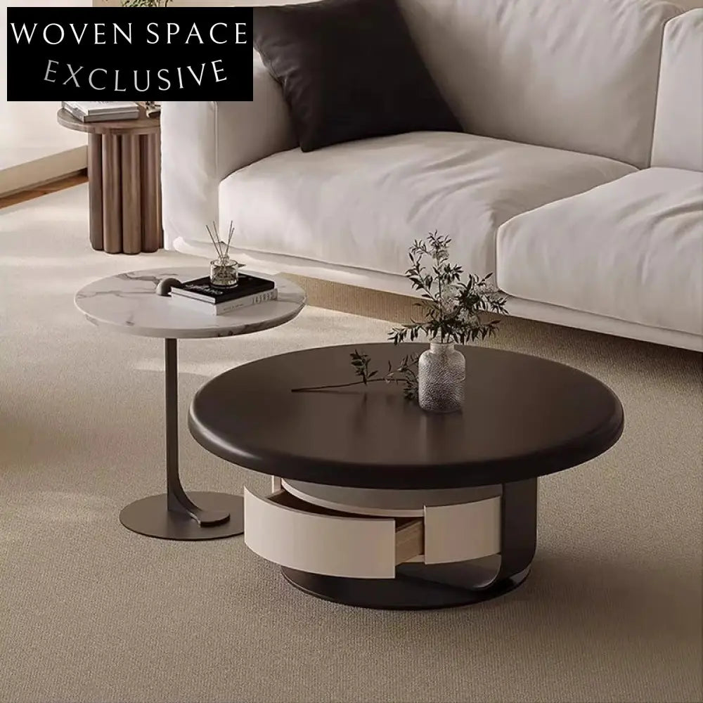 Modern Round Solid Wood Rock Panel Coffee Table with Storage Drawer