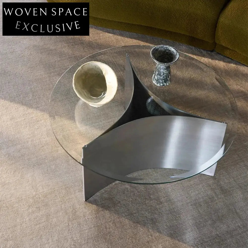 Modern Round Tempered Glass Coffee Table, Stainless Steel Base, Living Room Centerpiece
