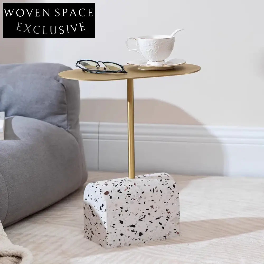 Modern Round Terrazzo Side Table with Metal Base for Living Room Coffee Table