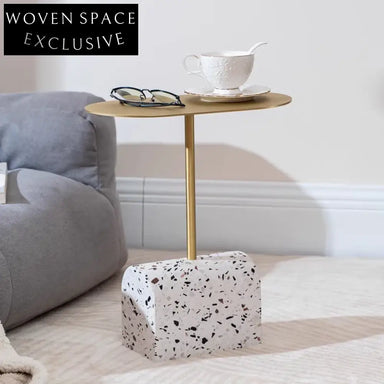 Modern Round Terrazzo Side Table with Metal Base for Living Room Coffee Table