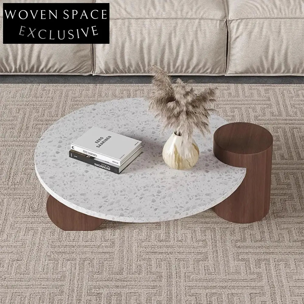 Modern Round Terrazzo Top Coffee Table with Solid Wood Base