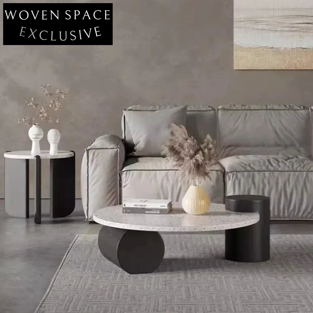 Modern Round Terrazzo Top Coffee Table with Solid Wood Base
