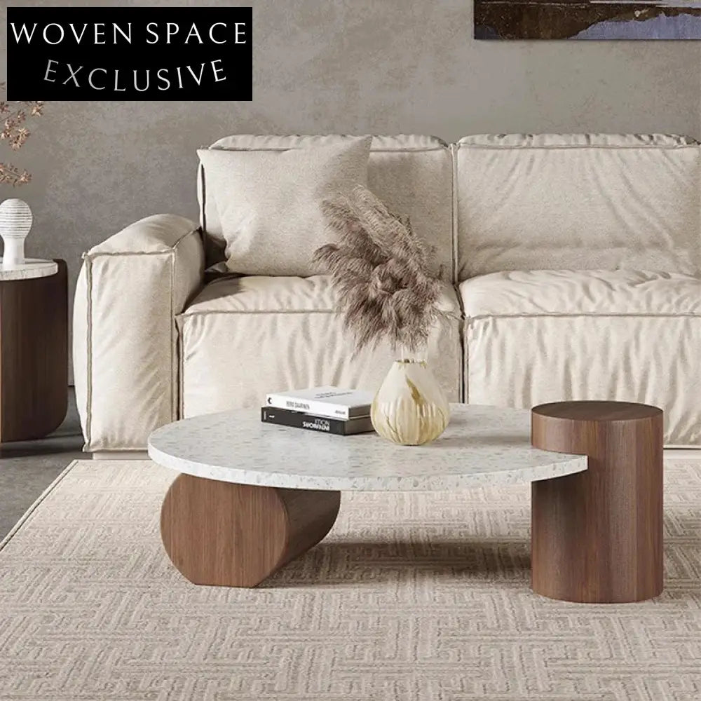 Modern Round Terrazzo Top Coffee Table with Solid Wood Base