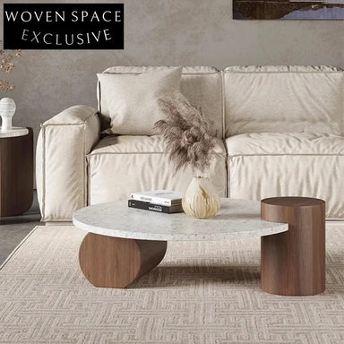 Modern Round Terrazzo Top Coffee Table with Solid Wood Base