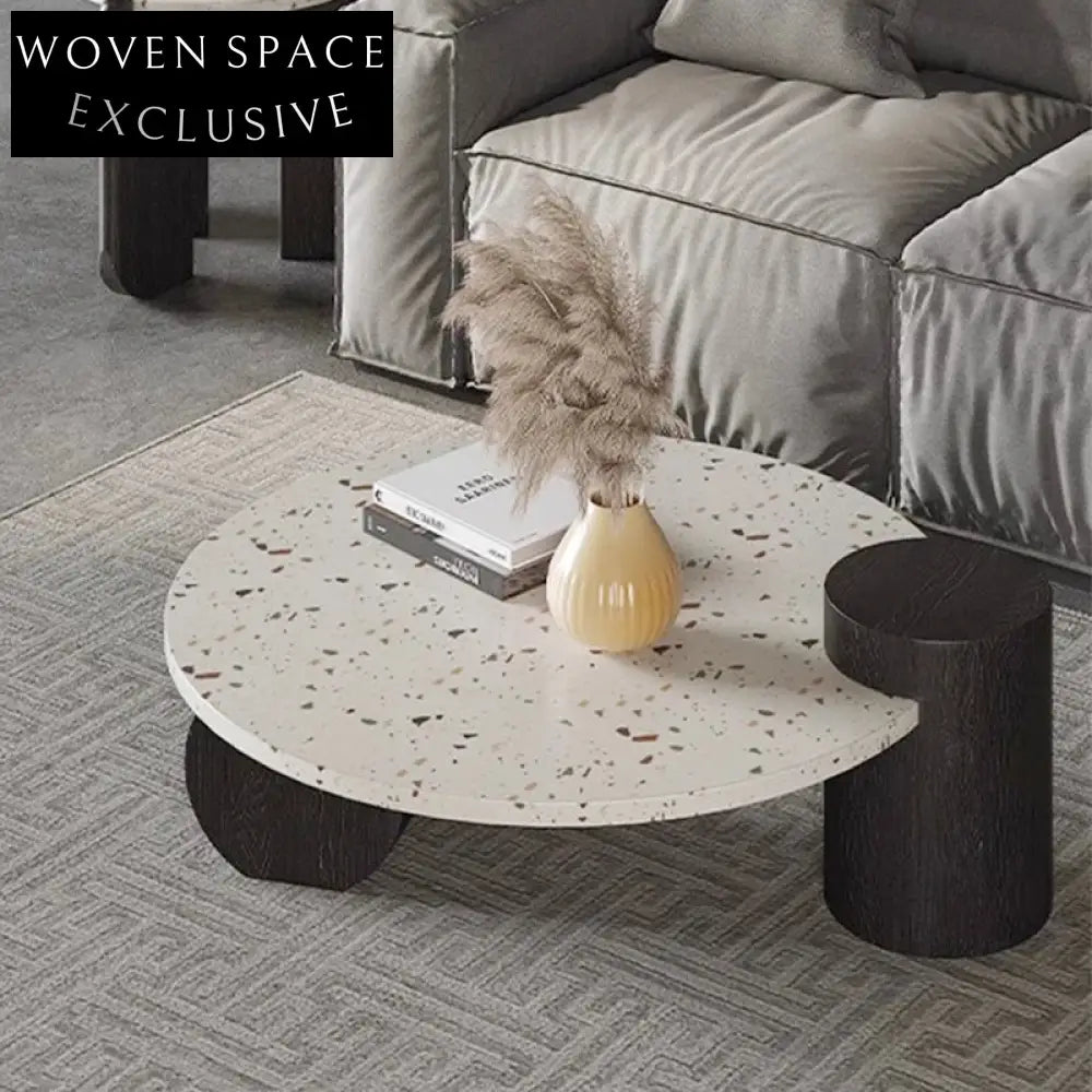 Modern Round Terrazzo Top Coffee Table with Solid Wood Base