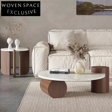 Modern Round Terrazzo Top Coffee Table with Solid Wood Base