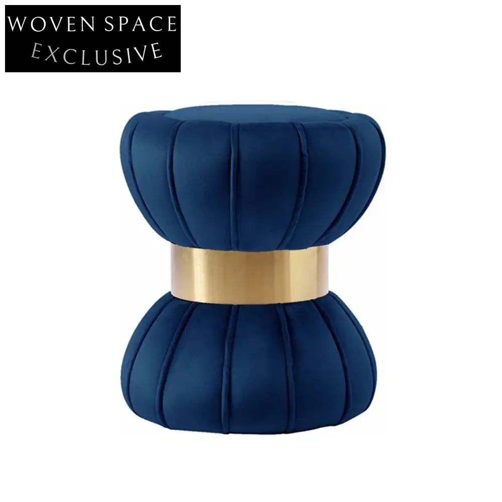 Modern Round Velvet Ottoman Stool with Gold Base and Soft Fabric Pouf