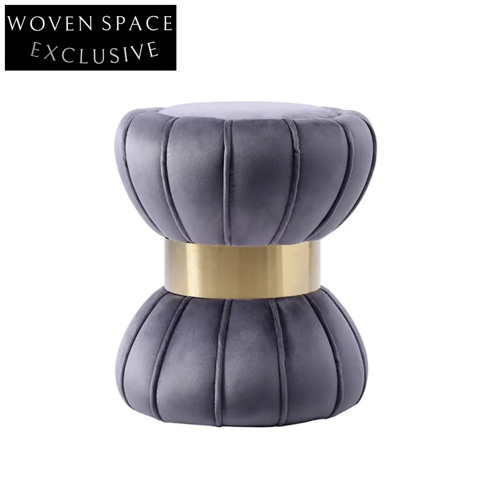Modern Round Velvet Ottoman Stool with Gold Base and Soft Fabric Pouf