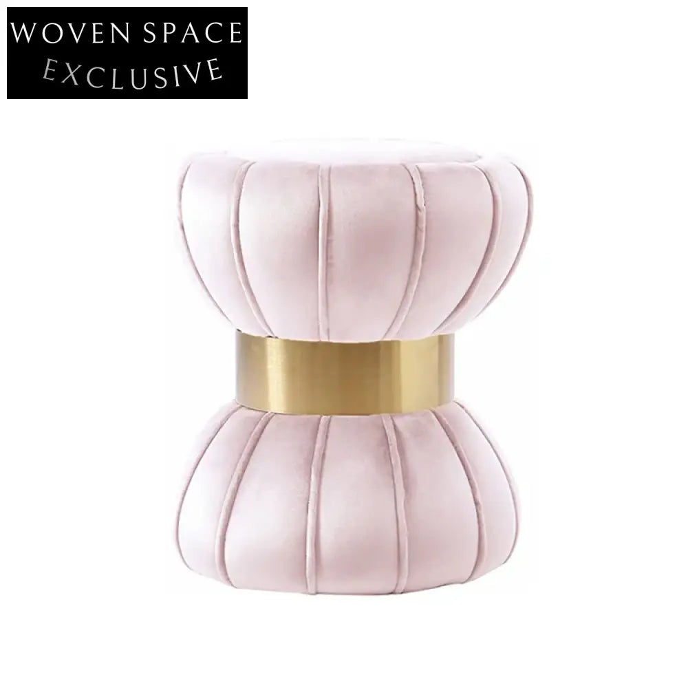 Modern Round Velvet Ottoman Stool with Gold Base and Soft Fabric Pouf