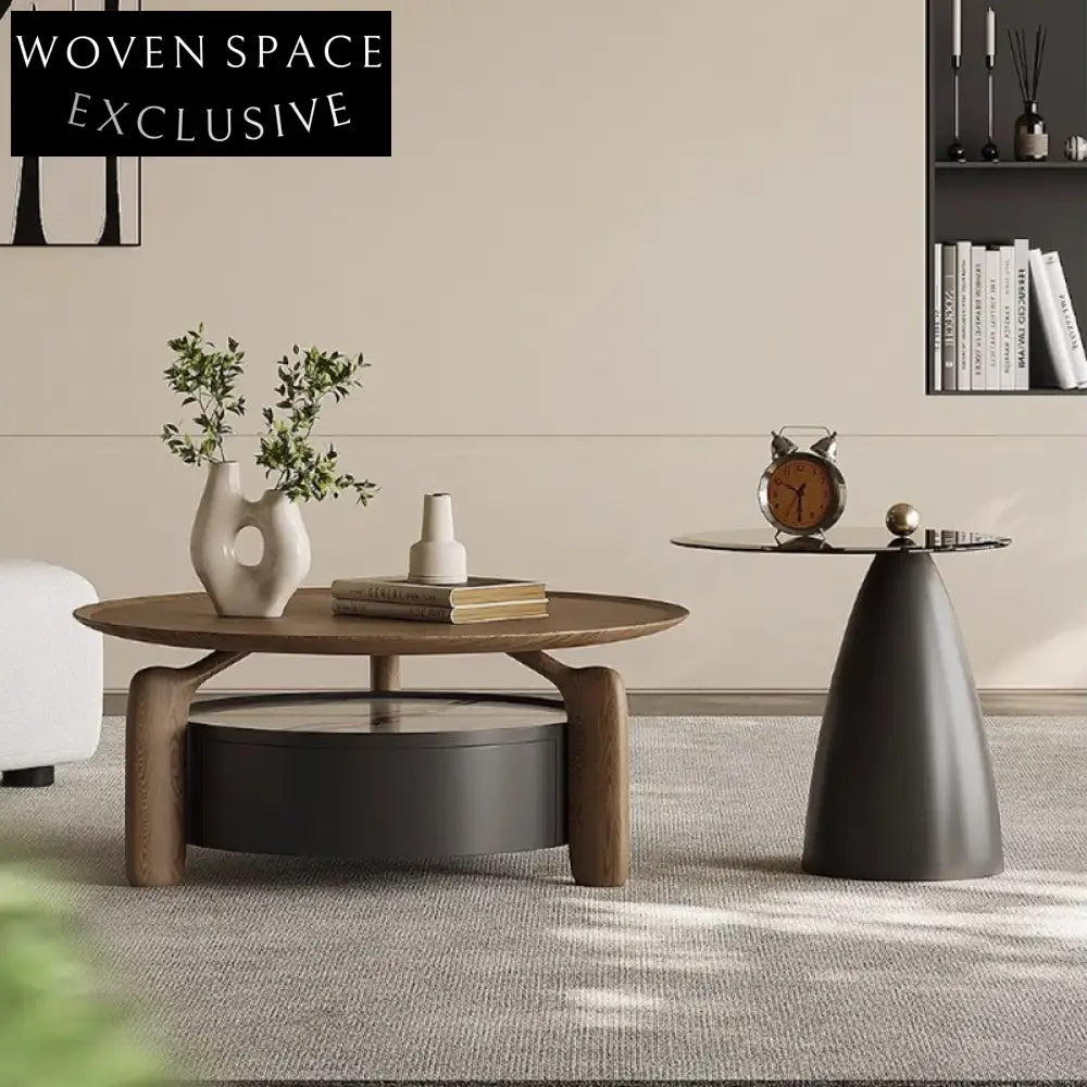 Modern Round Wood Glass Coffee Table, Sintered Stone Side Tables