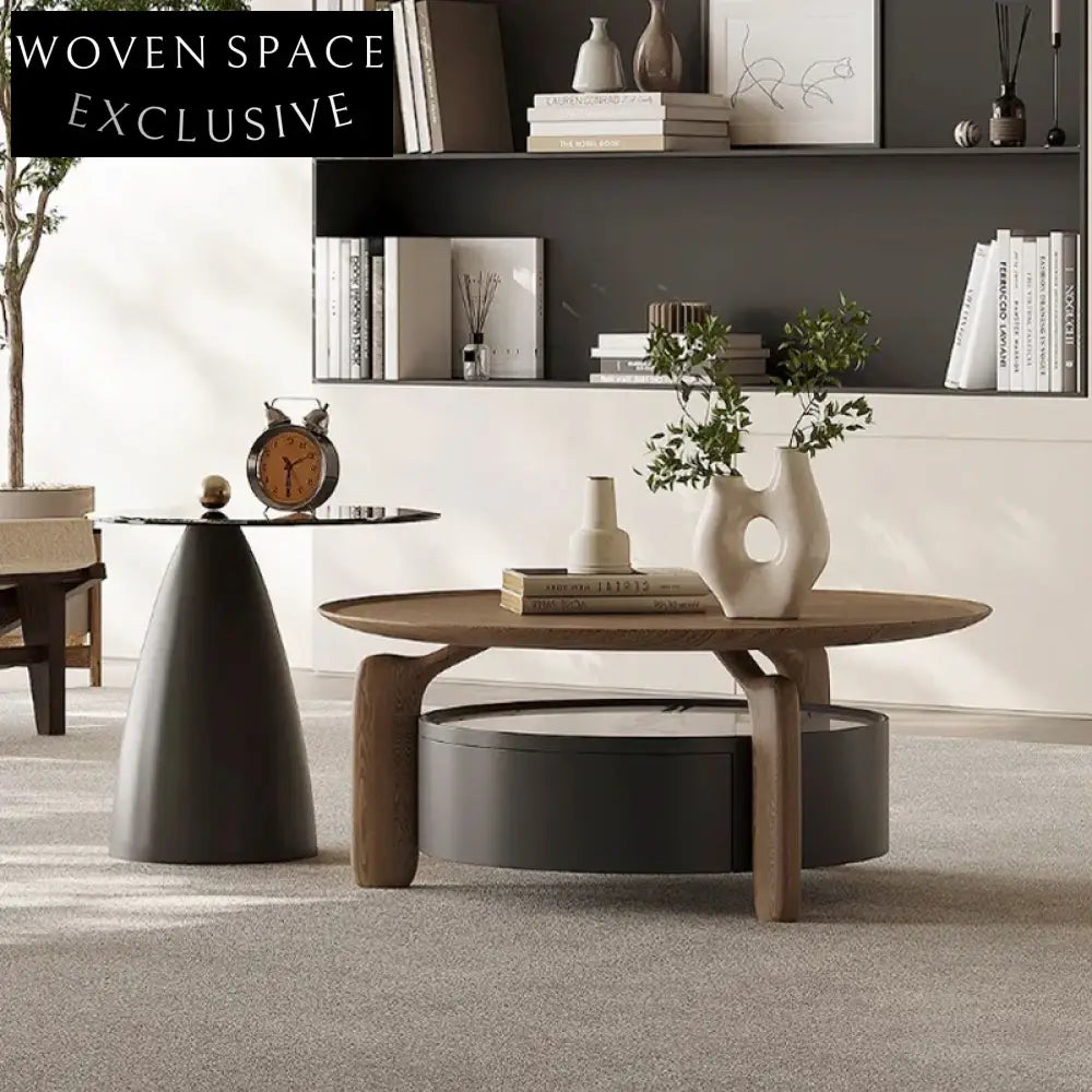 Modern Round Wood Glass Coffee Table, Sintered Stone Side Tables