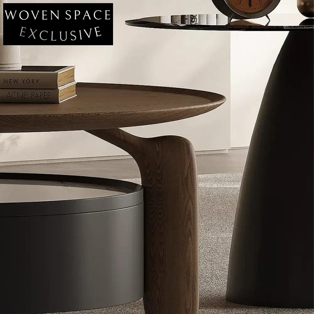 Modern Round Wood Glass Coffee Table, Sintered Stone Side Tables