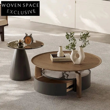 Modern Round Wood Glass Coffee Table, Sintered Stone Side Tables