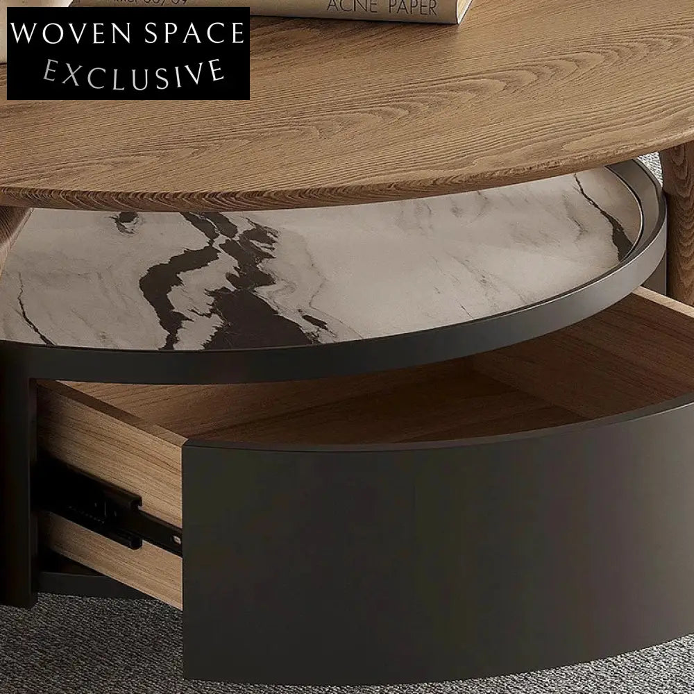 Modern Round Wood Glass Coffee Table, Sintered Stone Side Tables
